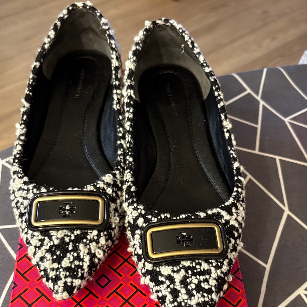 Tory Burch Black and White Tweed Flats